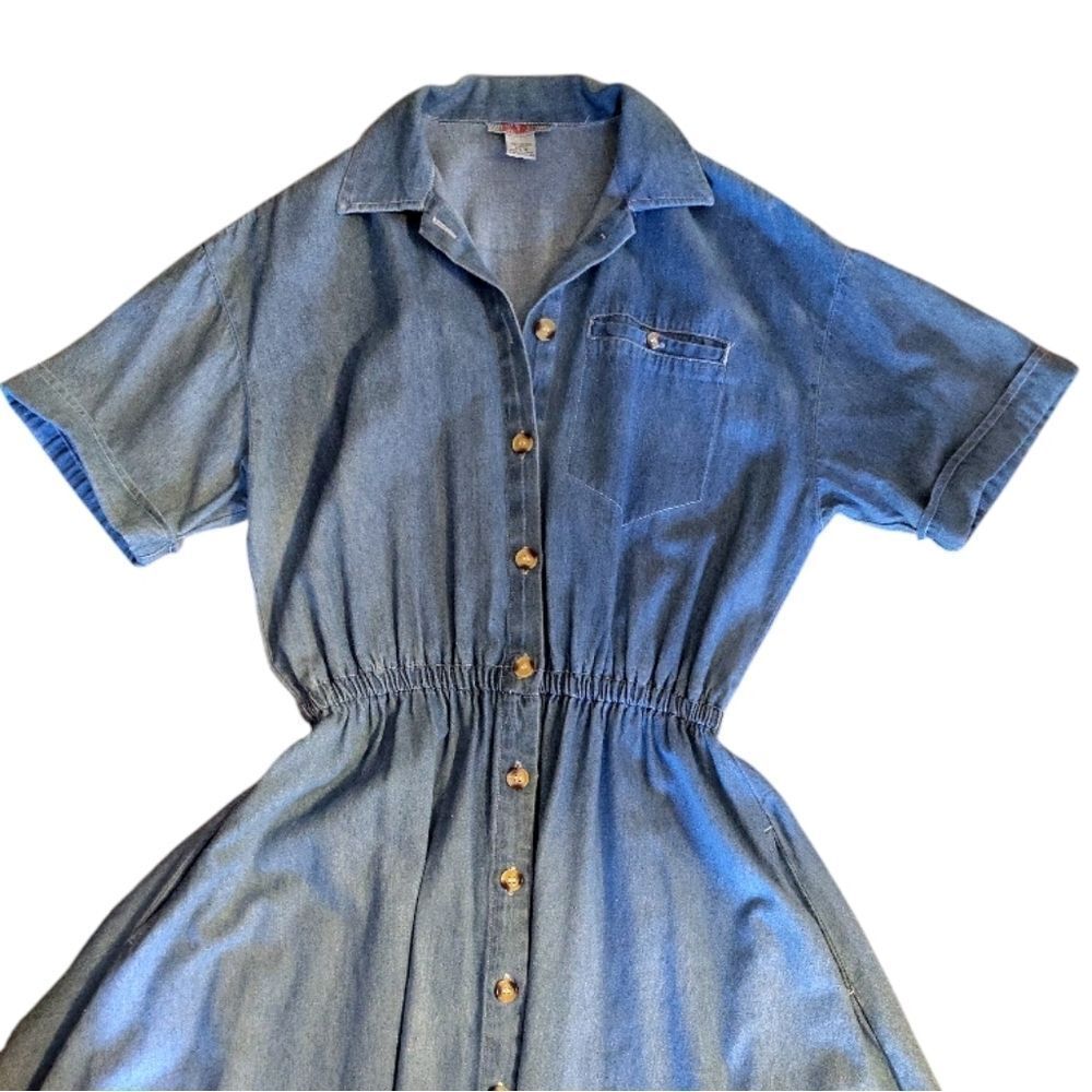 VTG 90s Blue Denim Button Front Short Sleeve Jean Midi Dress SZ Medium - Picture 3 of 13
